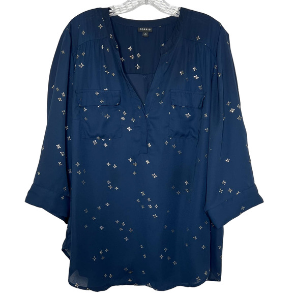 Torrid Women's Blouse Navy Blue - Silver Star Print Sheer Top Size 1 (1X/14-16) - Picture 1 of 10